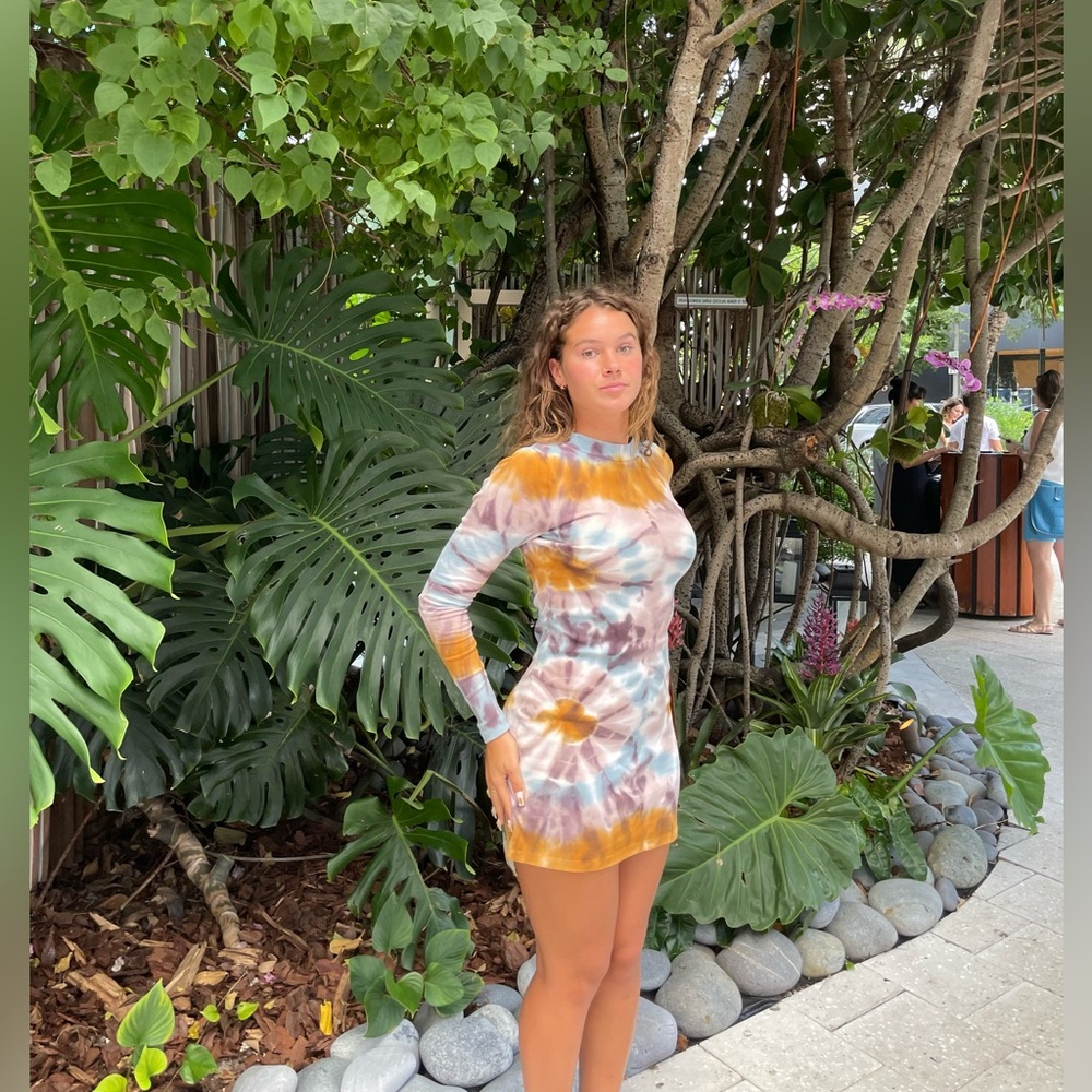 Tie-Dye Long Sleeve Mini Dress - Blue, Mustard & Taupe